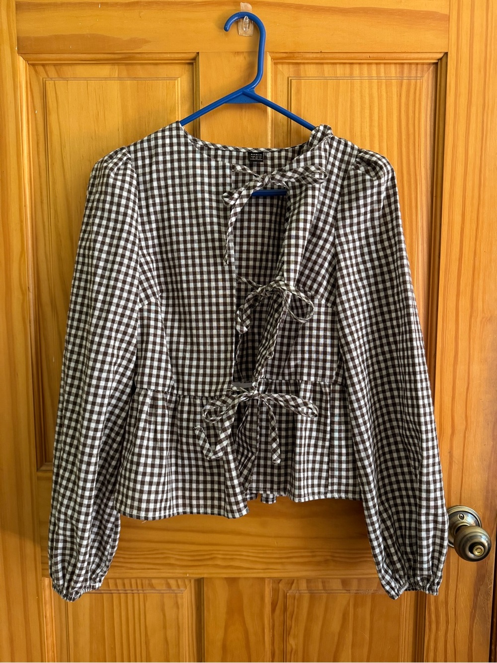 SHEIN brown and cream gingham tie front top size 4 100% cotton
